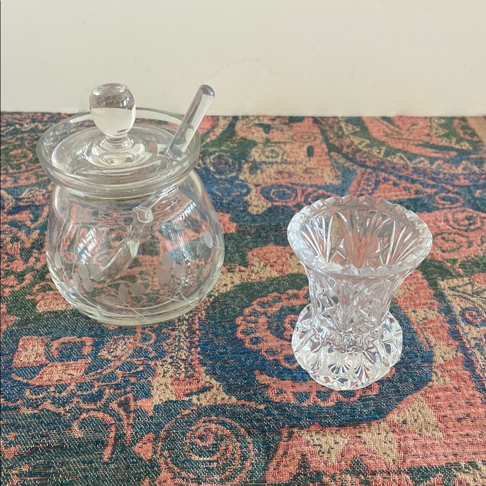 Etched Glass Jam Jar and Cut Glass Toothpick Holder